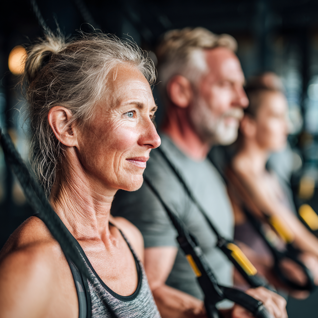 Mature adults engaging in diverse functional fitness exercises