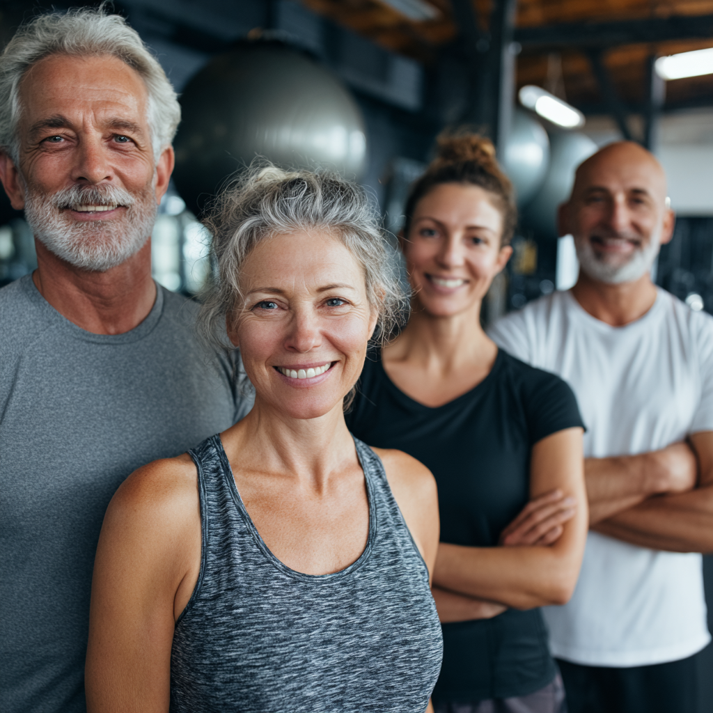 Supportive fitness community with middle aged adults